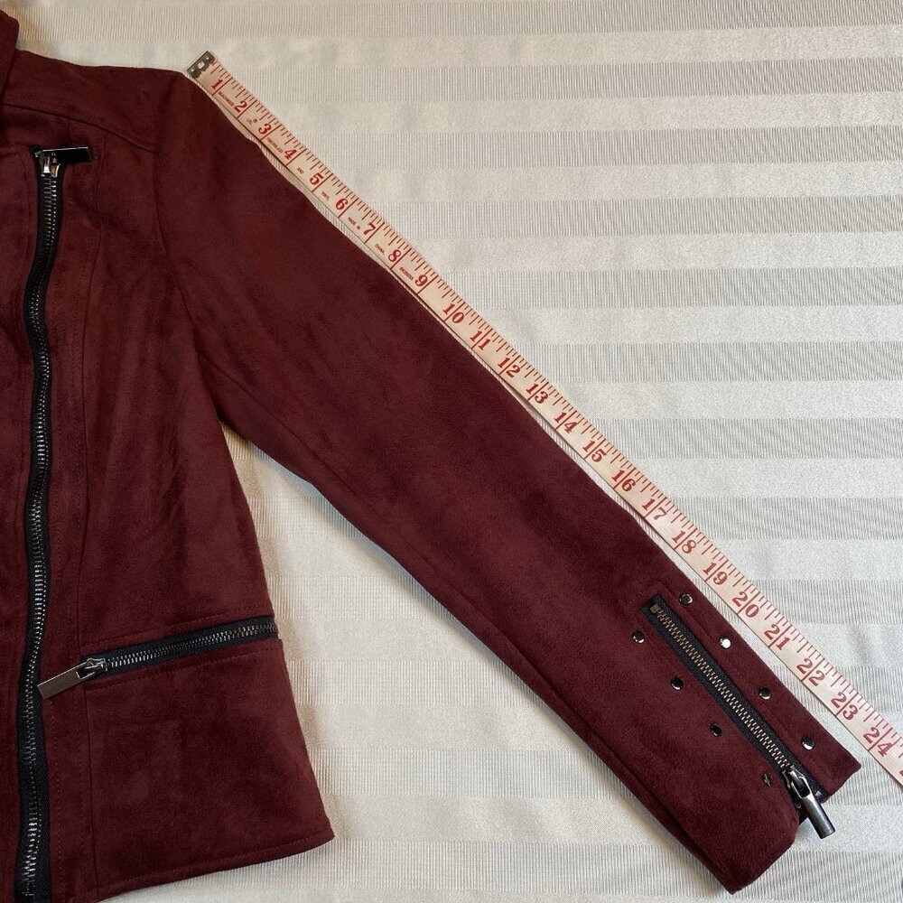 KUT From The Kloth Moto Jacket Womens Sz XS Burgundy Faux Suede Asymmetrical Zip - Picture 13 of 14